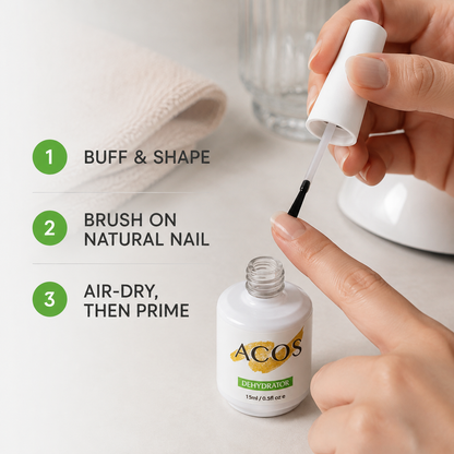 How to buff apply and air-dry ACOS Nail Dehydrator 15ml before nail primer