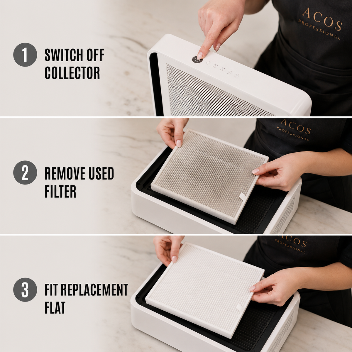 How to switch off remove and fit the ACOS nail dust collector replacement filter