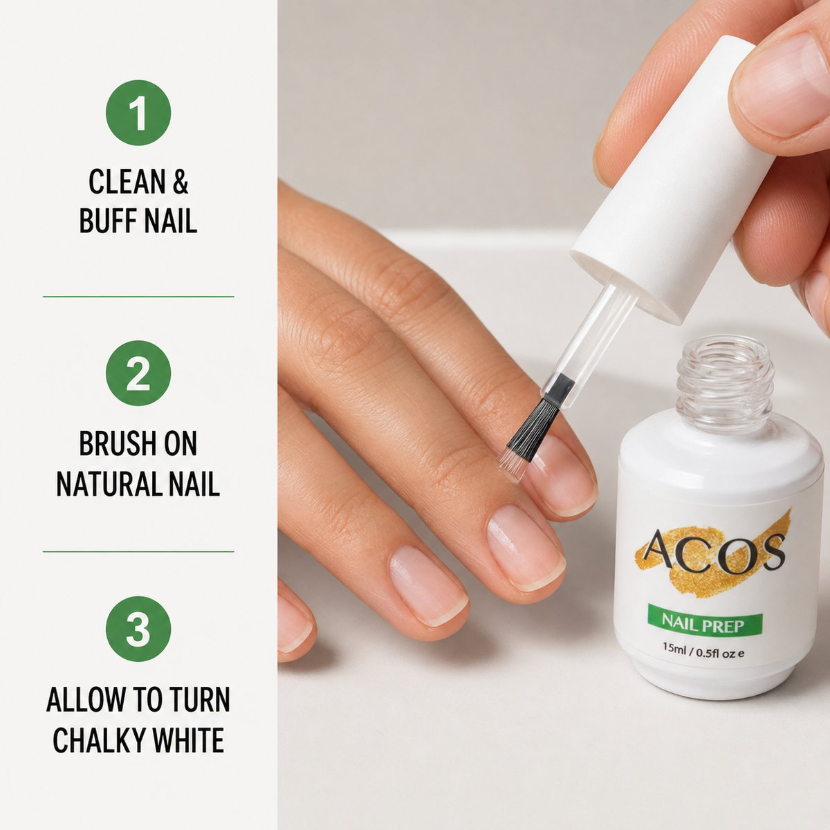 How to clean buff apply and dry ACOS Nail Prep 15ml on natural nails