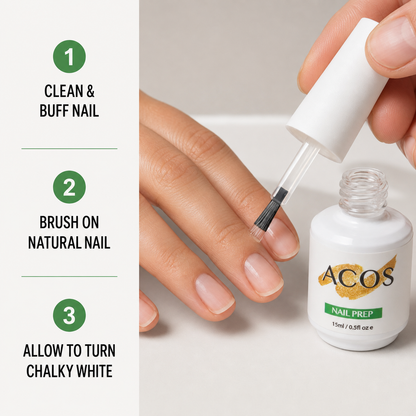 How to clean buff apply and dry ACOS Nail Prep 15ml on natural nails
