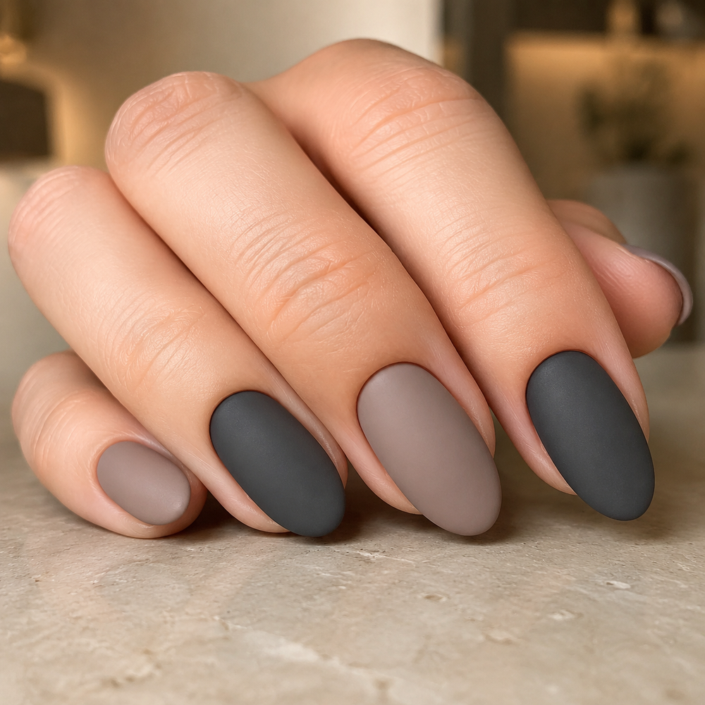 Matte taupe and charcoal nail finish created with ACOS top coat