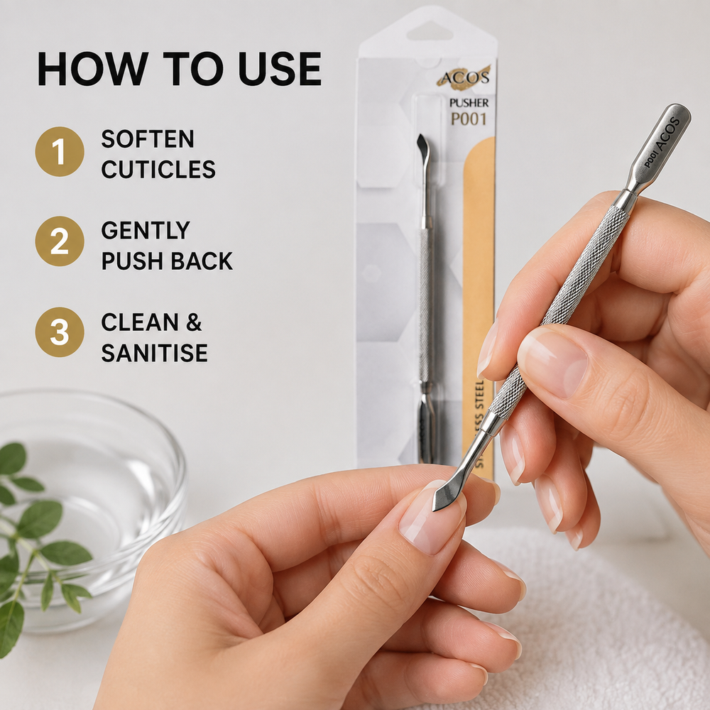 How to gently push back softened cuticles with ACOS P001 cuticle pusher