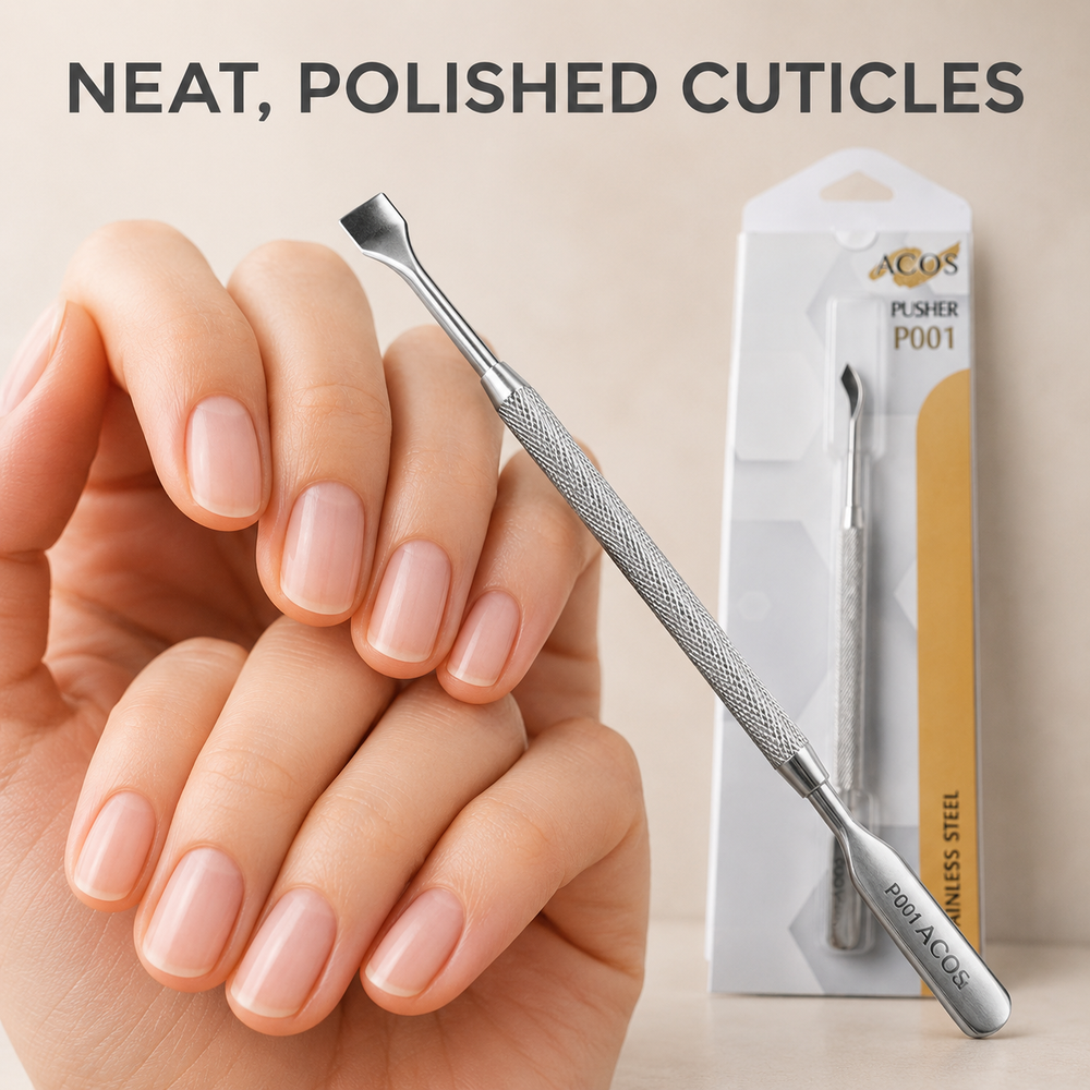 Neat polished natural cuticles using ACOS P001 stainless-steel cuticle pusher