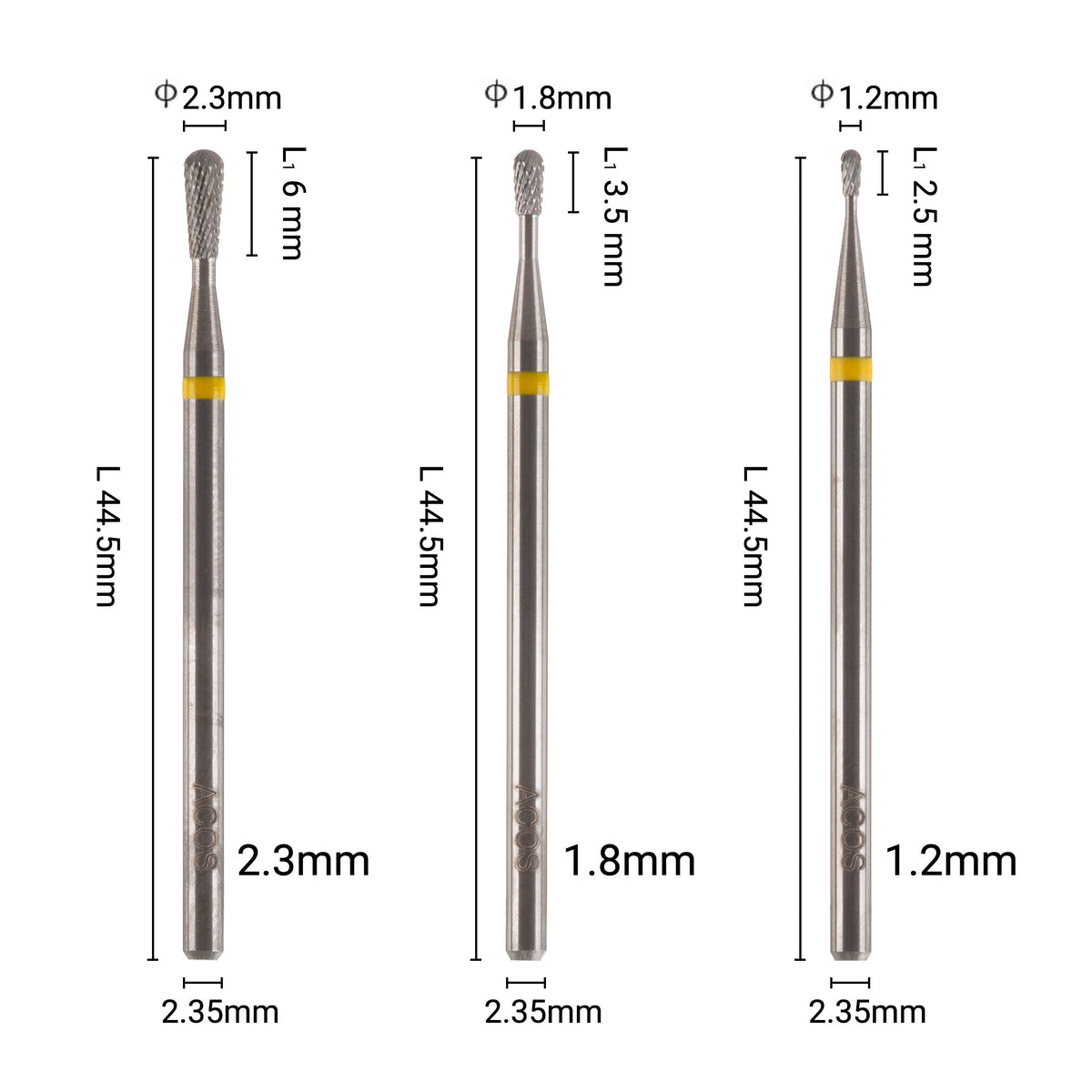 ACOS extra-fine pear nail drill bits in 2.3mm, 1.8mm and 1.2mm diameters