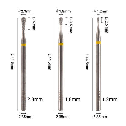ACOS extra-fine pear nail drill bits in 2.3mm, 1.8mm and 1.2mm diameters