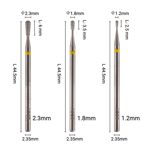 ACOS extra-fine pear nail drill bits in 2.3mm, 1.8mm and 1.2mm diameters