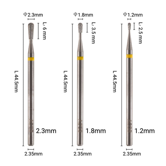 ACOS extra-fine pear nail drill bits in 2.3mm, 1.8mm and 1.2mm diameters