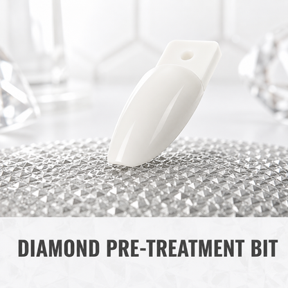 Diamond pre-treatment bit benefit graphic with synthetic nail practice tip