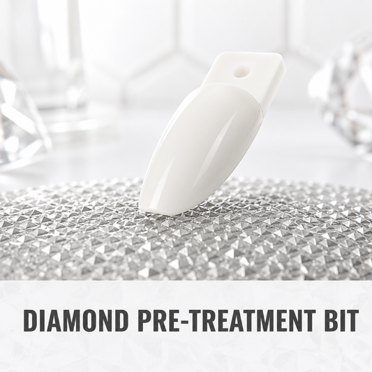 Diamond pre-treatment bit benefit graphic with synthetic nail practice tip