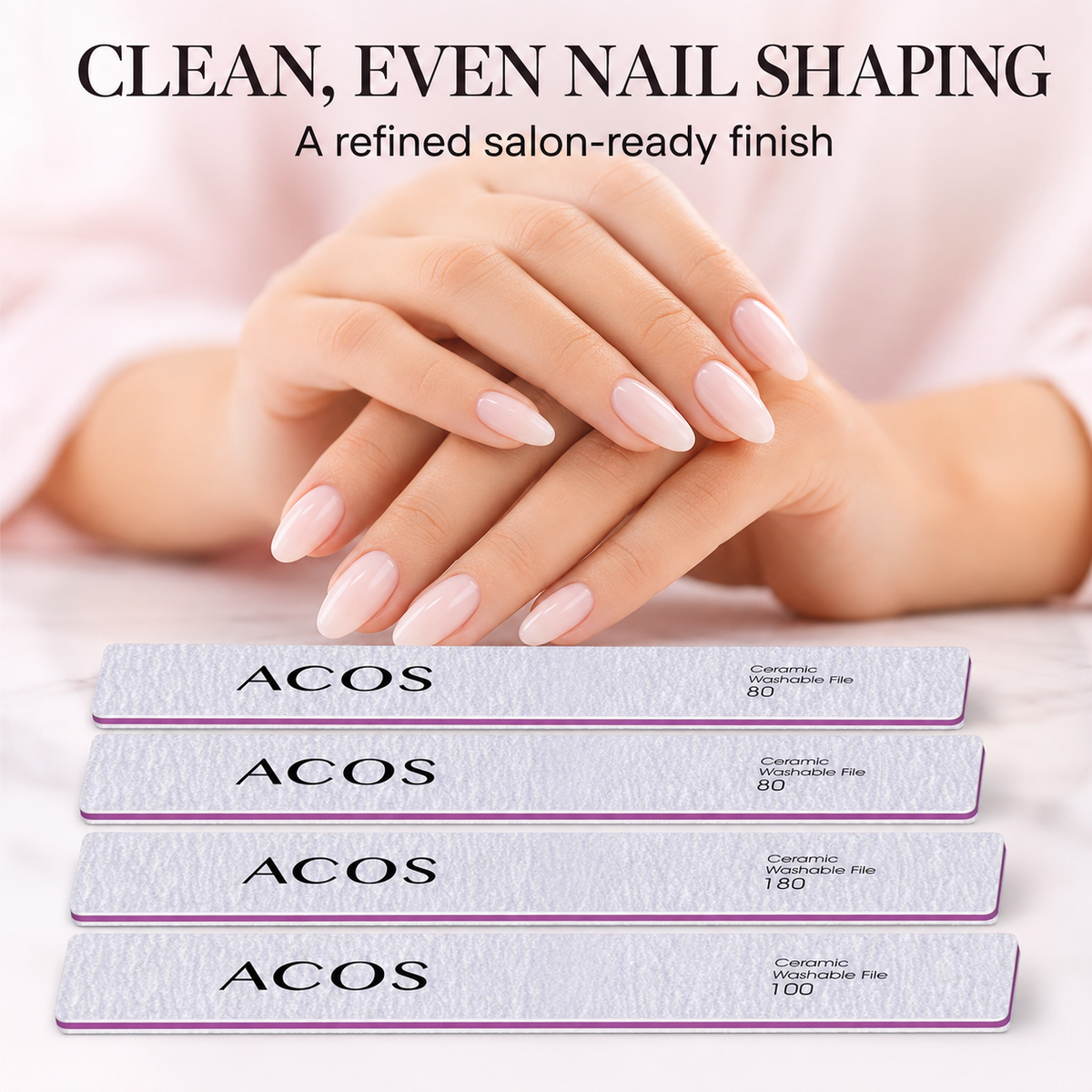 Clean salon nail shaping result using ACOS Rectangle Premium Nail Files
