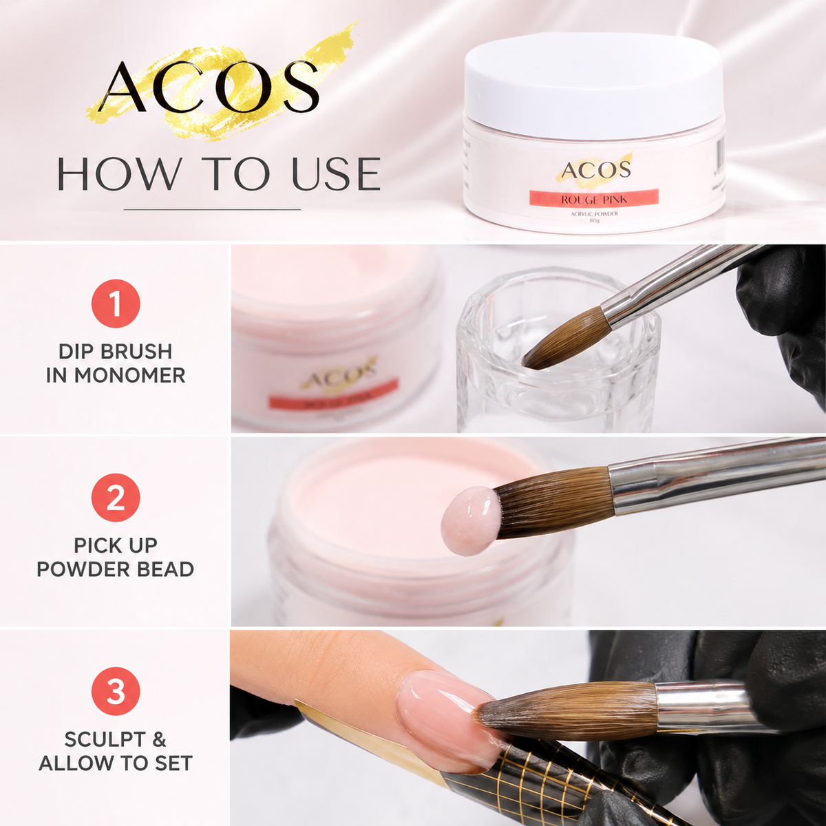 How to form, sculpt and set an acrylic bead with ACOS Rouge Pink Powder 80g