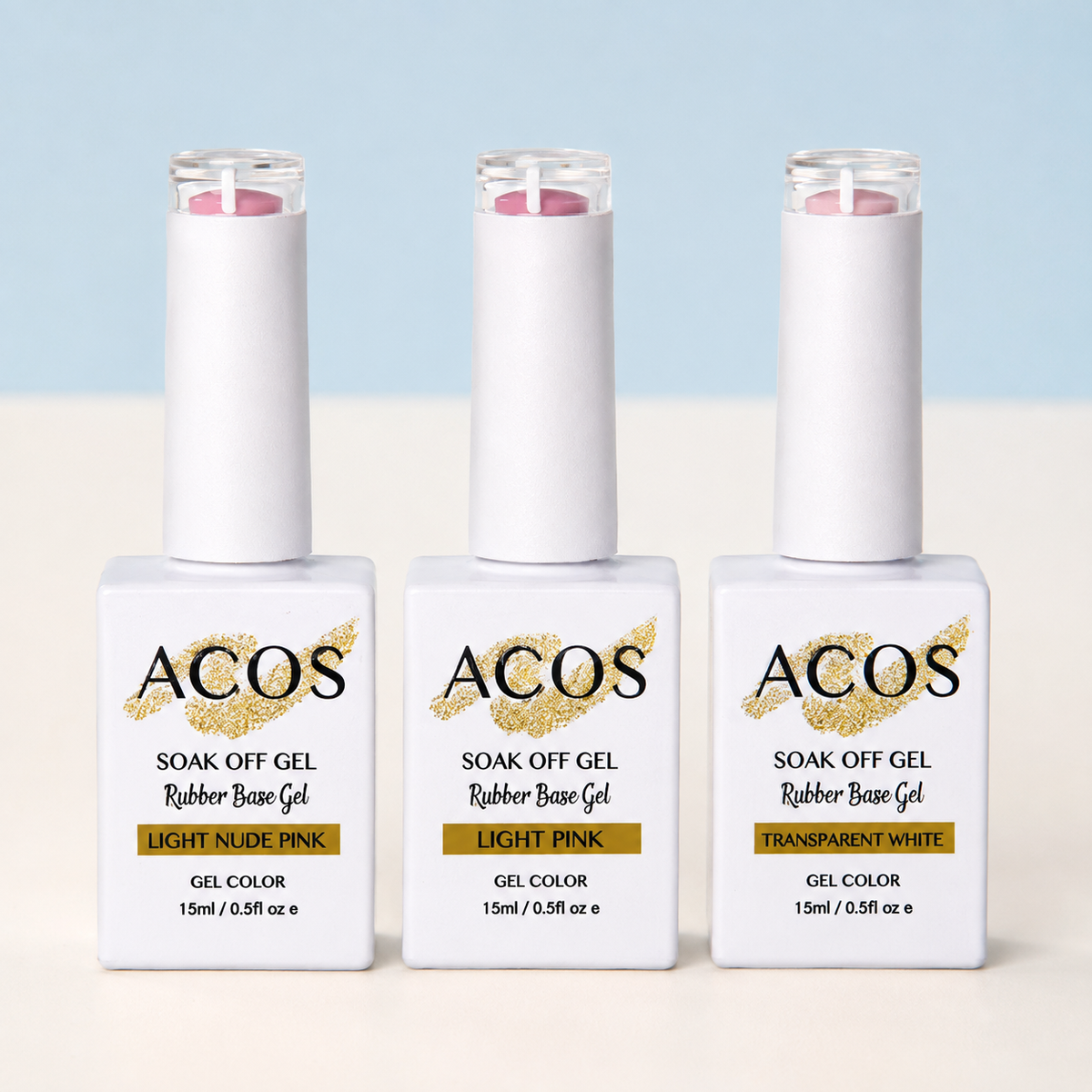 ACOS Rubber Base Gel kit bottle detail in three verified shades