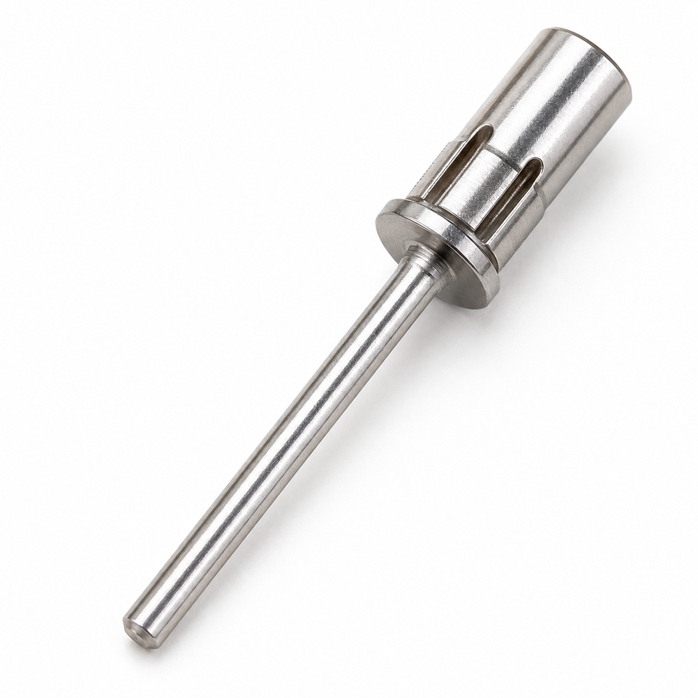 Close detail of ACOS Bit004 silver mandrel with slotted head and straight shaft