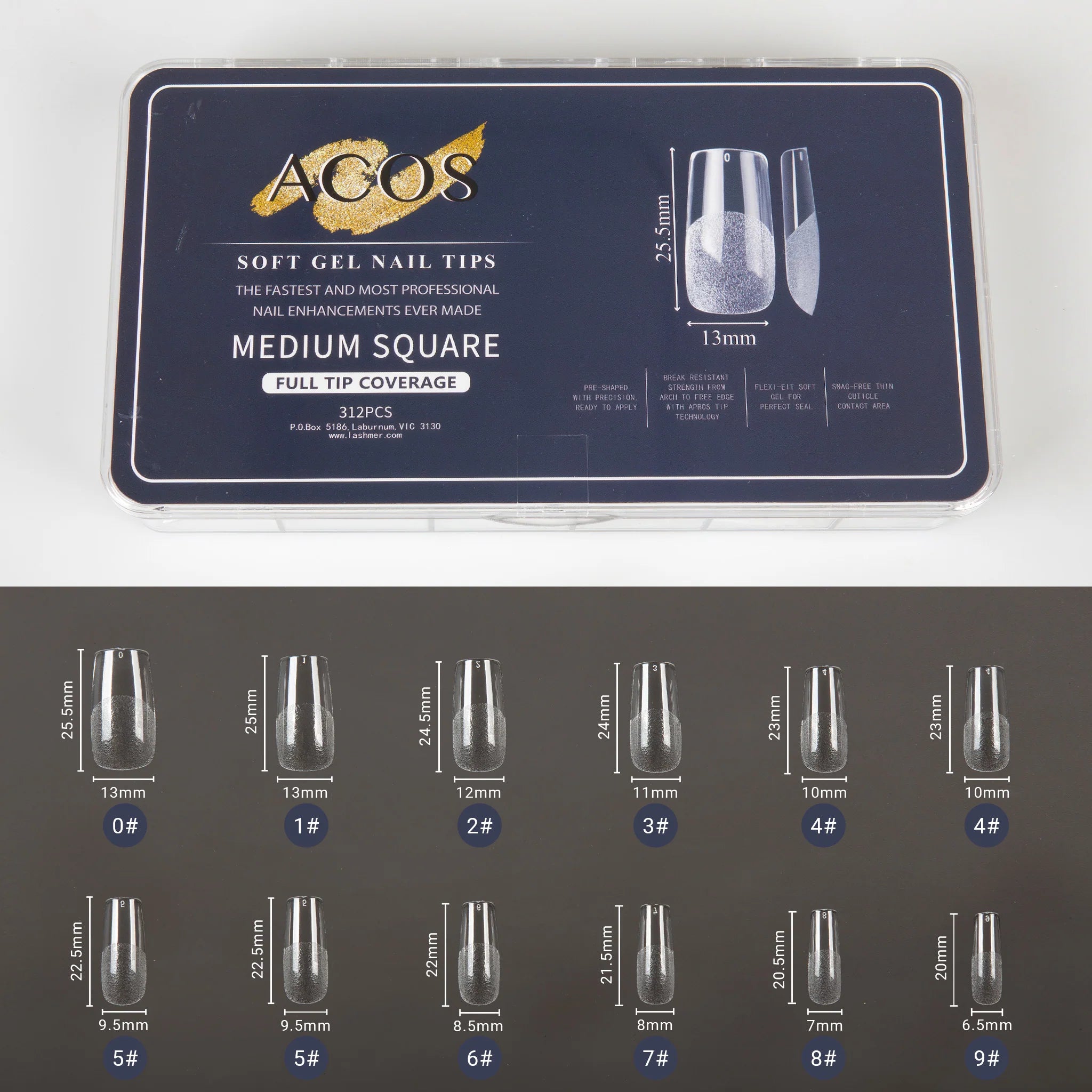 ACOS Soft Gel Nail Tips (Full Tip Coverage) - SQUARE Shape (312pcs/box) - MV hair and beauty