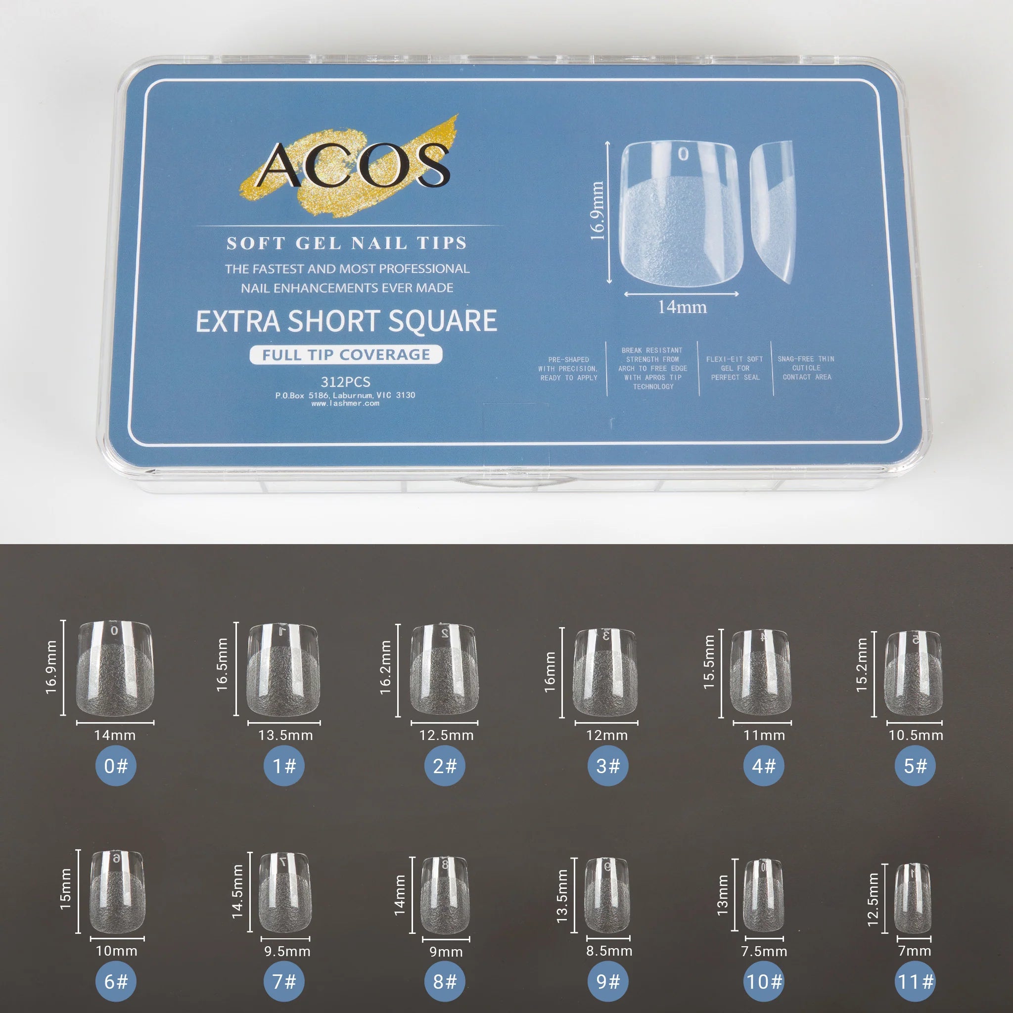 ACOS Soft Gel Nail Tips (Full Tip Coverage) - SQUARE Shape XS (312pcs/box) - MV hair and beauty