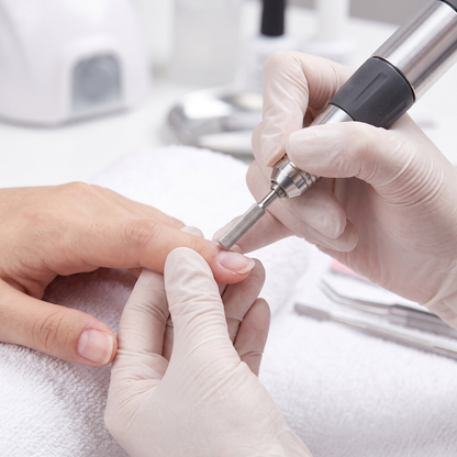 Nail technician using ACOS 2.3mm buffer drill bit