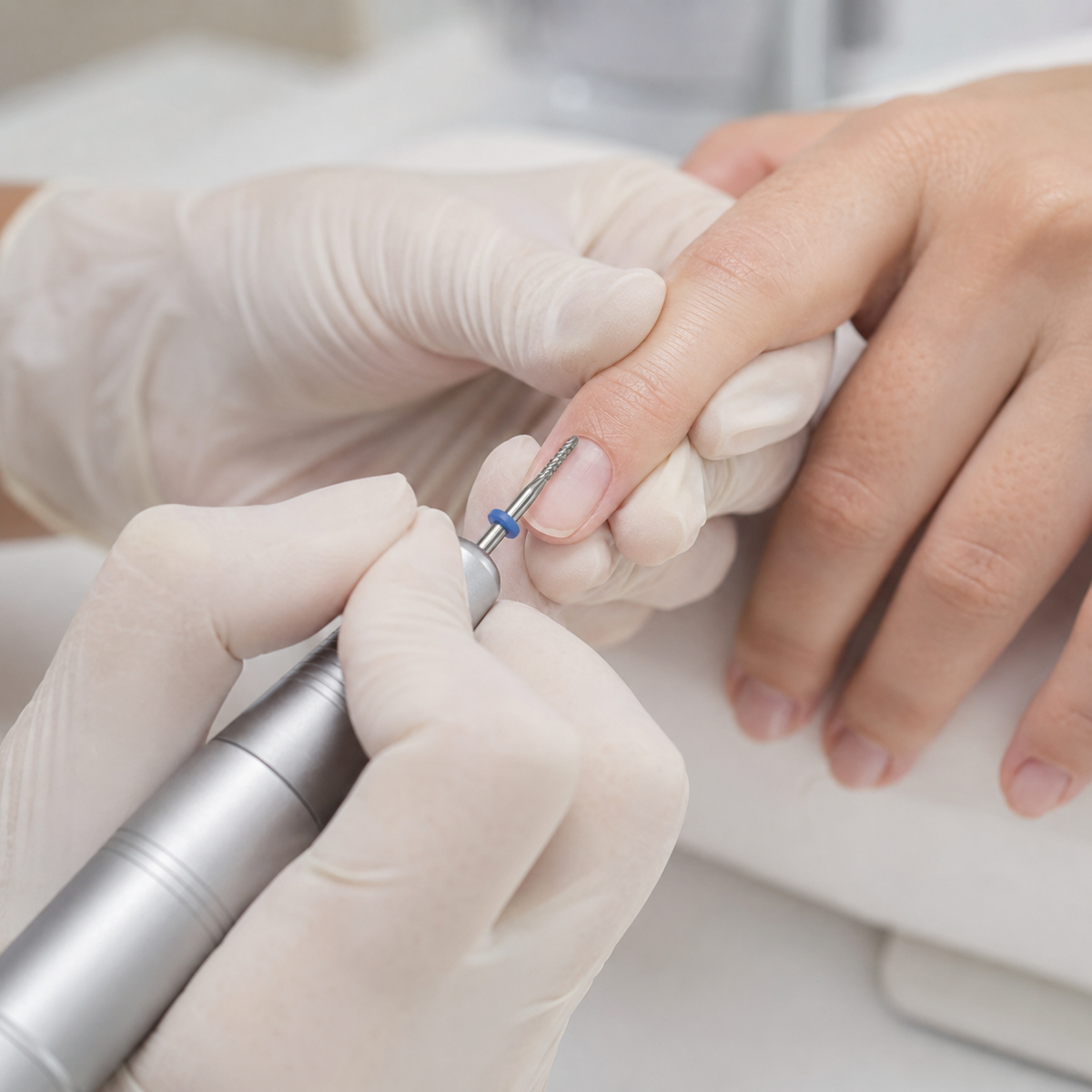 Nail technician using an ACOS medium round drill bit during a manicure