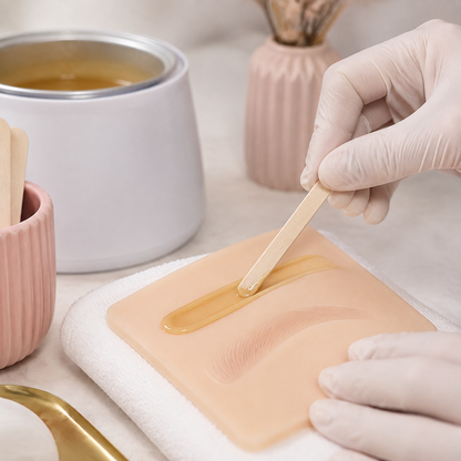 Professional using a disposable brow beater to spread wax on a practice skin pad