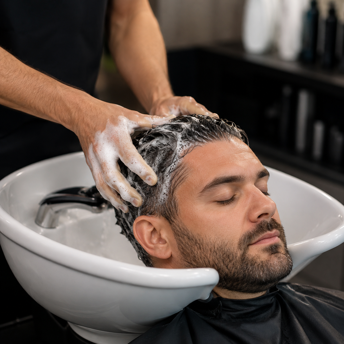Stylist shampooing an adult man's hair with lather at a salon basin