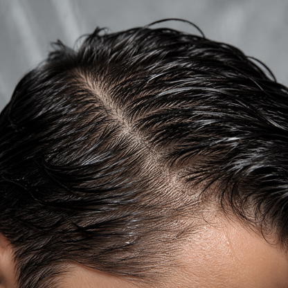 Close detail of clean-looking wet hair and scalp after shampooing