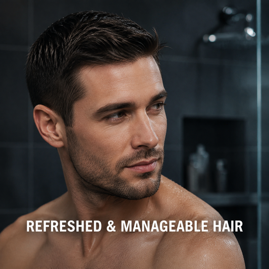 Adult man with refreshed, manageable-looking hair after scalp shampoo