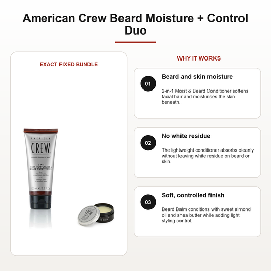 American Crew Beard Moisture + Control Duo benefits: Beard and skin moisture, No white residue, Soft, controlled finish