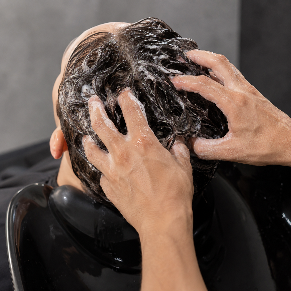 American Crew Daily Deep Moisturizing Shampoo massaged into wet hair at a salon basin