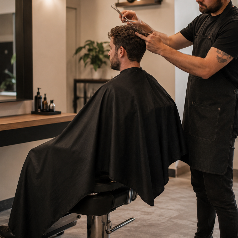 Adult client wearing a black American Crew cutting cape during a professional scissor haircut