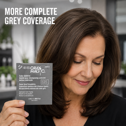 Natural brunette hair with more complete grey coverage using Ardell Gray Magic 2ml