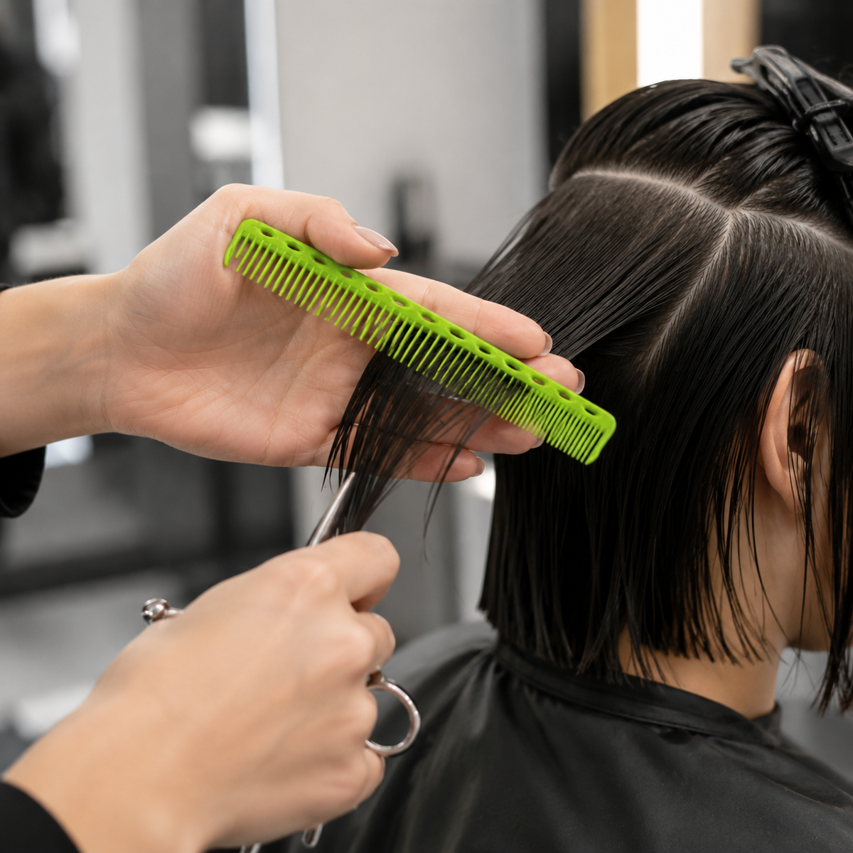 Hairdresser using the lime-green BMS small comb for precise hair sectioning