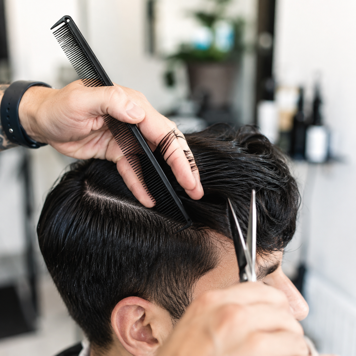 Stylist using a slim black comb to section adult hair