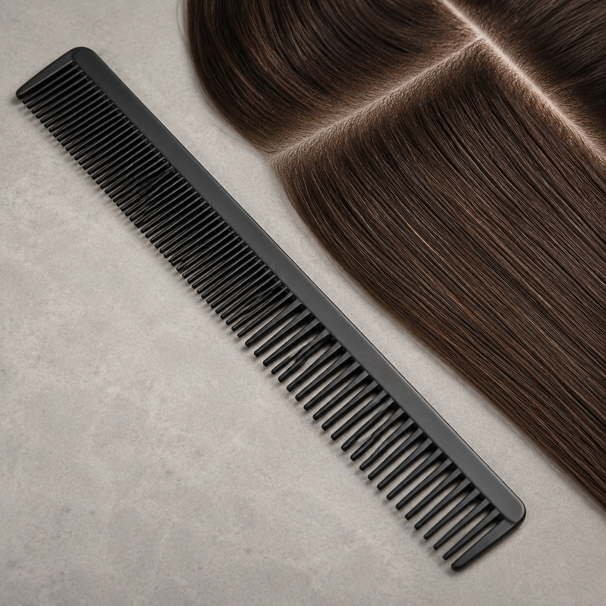 Close detail of a large dual-tooth cutting comb beside a clean hair section