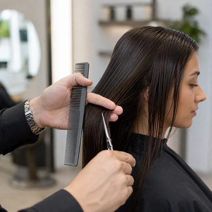 Professional stylist using a large cutting comb to section hair during a haircut