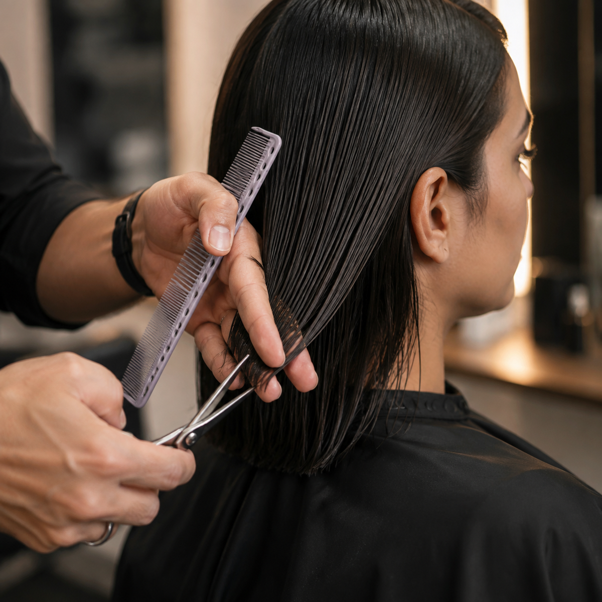 Stylist using a purple cutting comb during an adult haircut