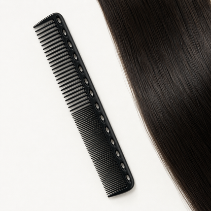 Bymace small black comb close-up showing dual tooth spacing and spine holes