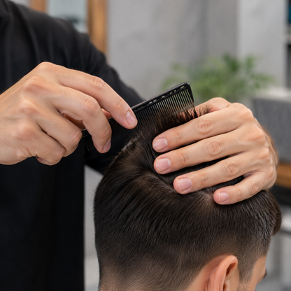 Professional stylist using the Bymace small slim comb on short adult hair