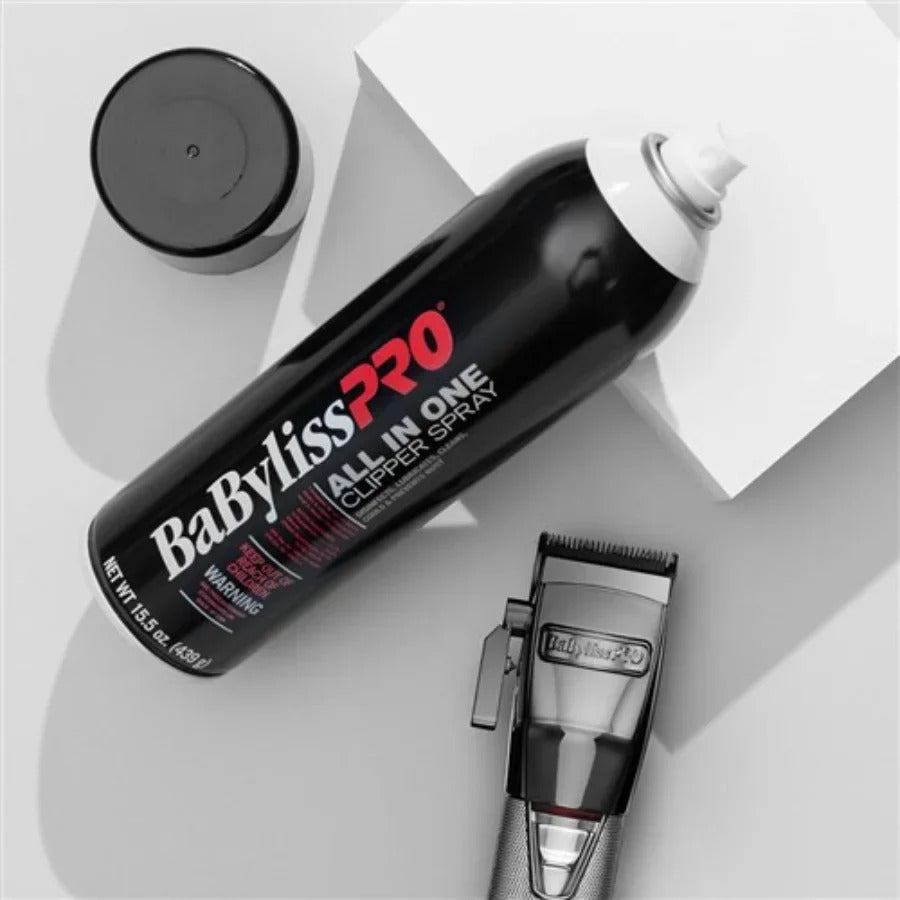 BaBylissPRO All-in-One Clipper Spray 439g beside a hair clipper