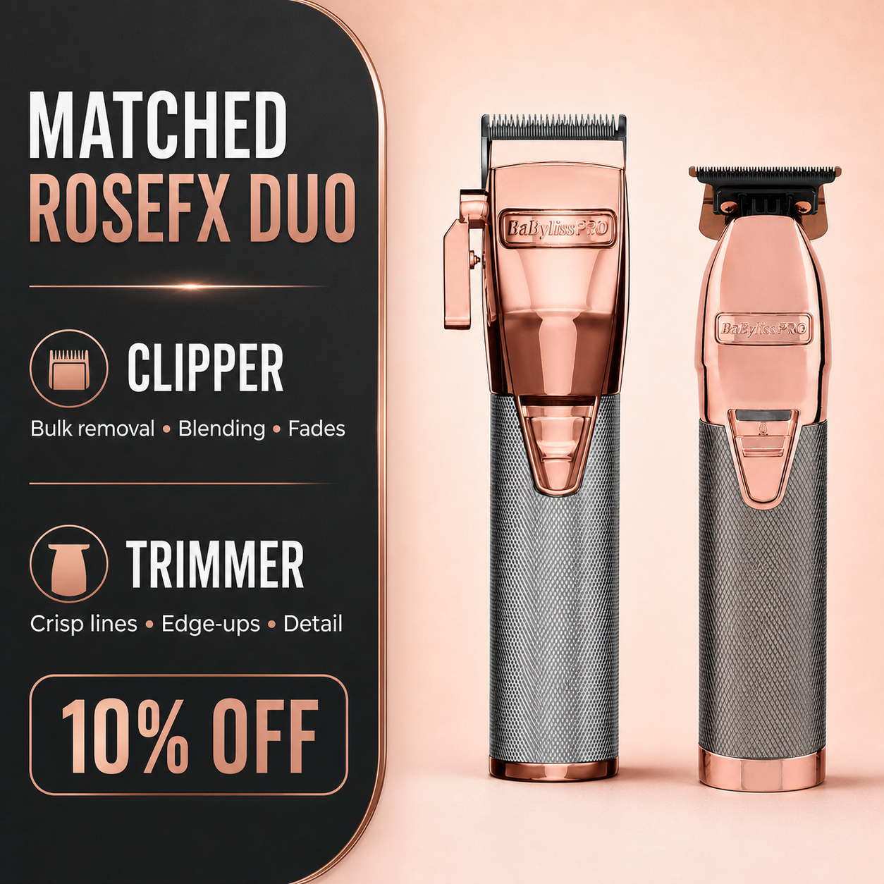 BaBylissPRO RoseFX clipper and trimmer barber workflow with 10 percent off