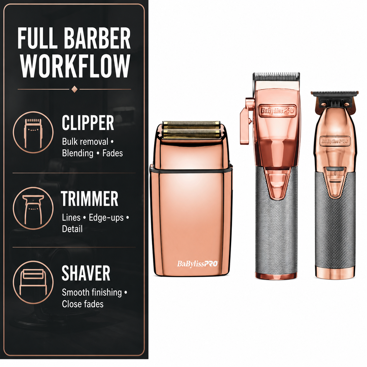 BaBylissPRO RoseFX clipper trimmer and foil shaver full barber workflow