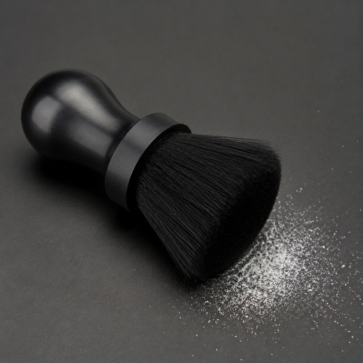 Black neck duster brush with a fine dusting of white barber talc powder