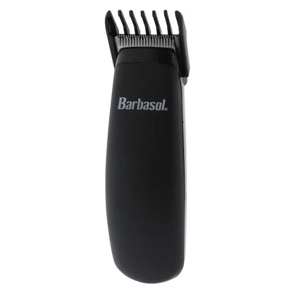 Barbasol black battery trimmer fitted with a guide comb
