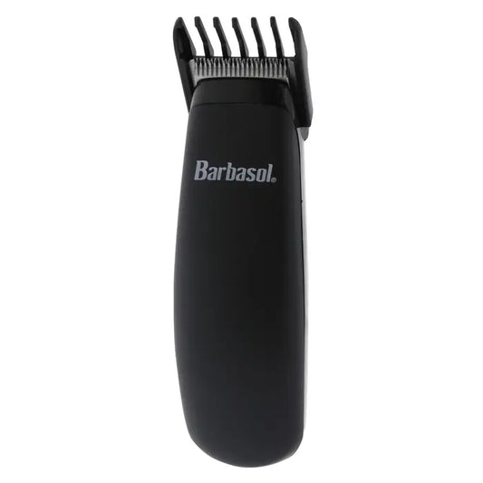 Barbasol black battery trimmer fitted with a guide comb