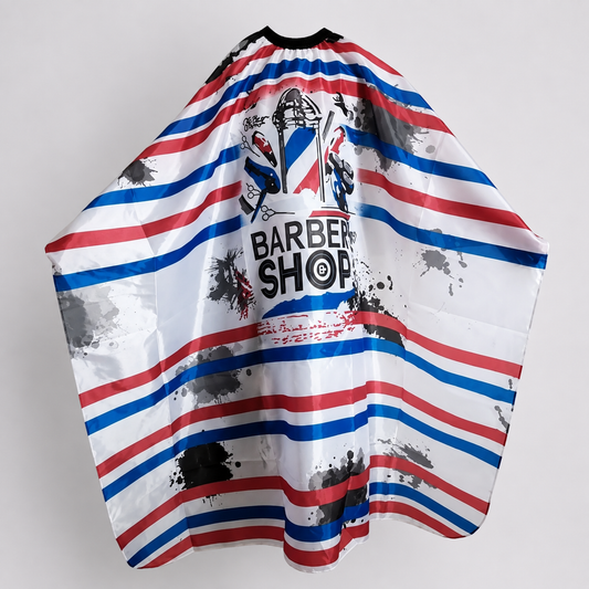 Barbershop blue, red and white striped barber cape in an angled studio view