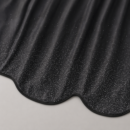 Barbershop barber cape black speckled fabric and scalloped hem detail