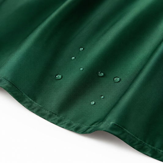 Green barber cape fabric and stitched lower hem with water droplets
