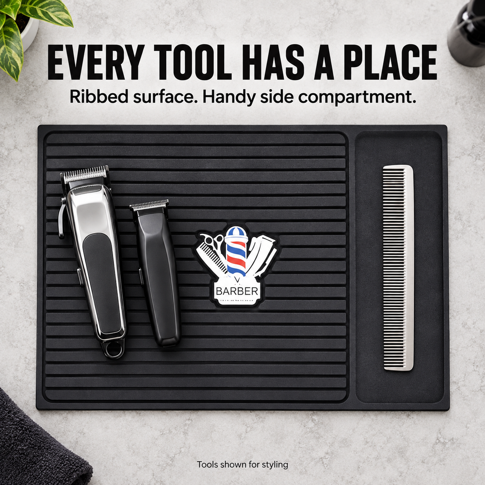 Barber Pole Mat ribbed surface and side compartment with styling tools