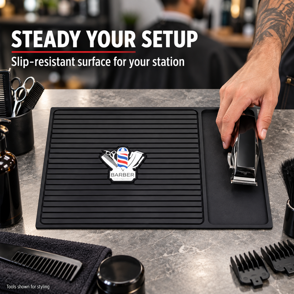 Barber Pole Mat slip resistant surface with barber placing clipper on mat