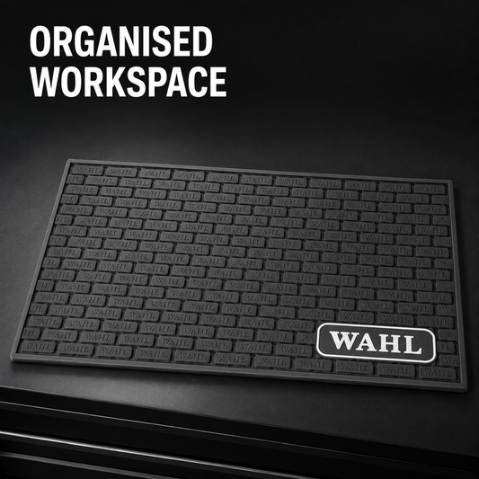 Dark Wahl-design barber mat benefit graphic highlighting an organised workstation