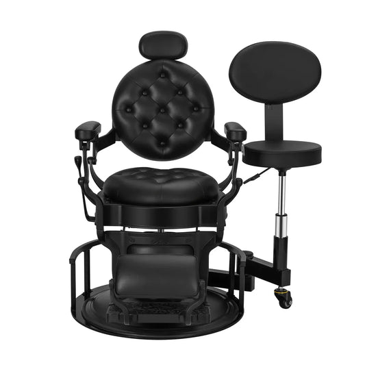 Barber rotating stool system shown with a compatible round-base barber chair