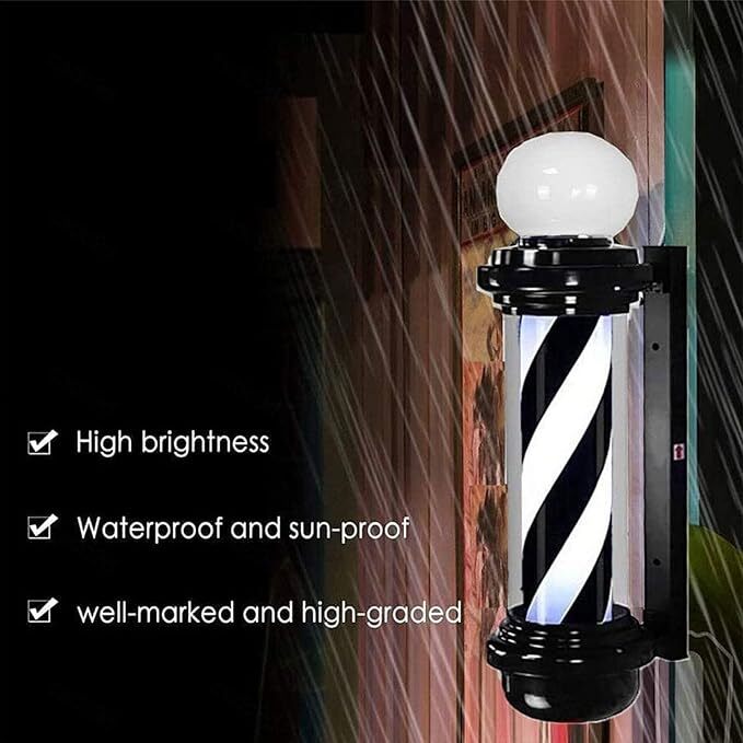 Barber pole Black & White with circular lamp (Width: 23cm) - MV hair and beauty